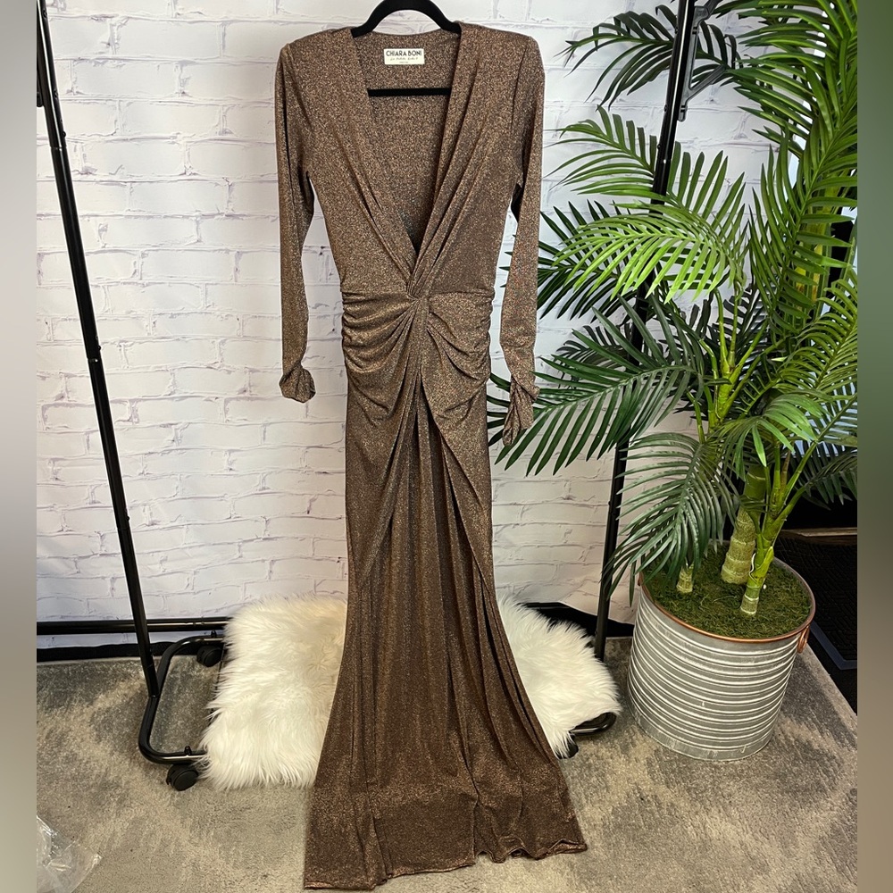 Chiara Boni Metallic Bronze Long-Sleeve Twist Ruched Gown